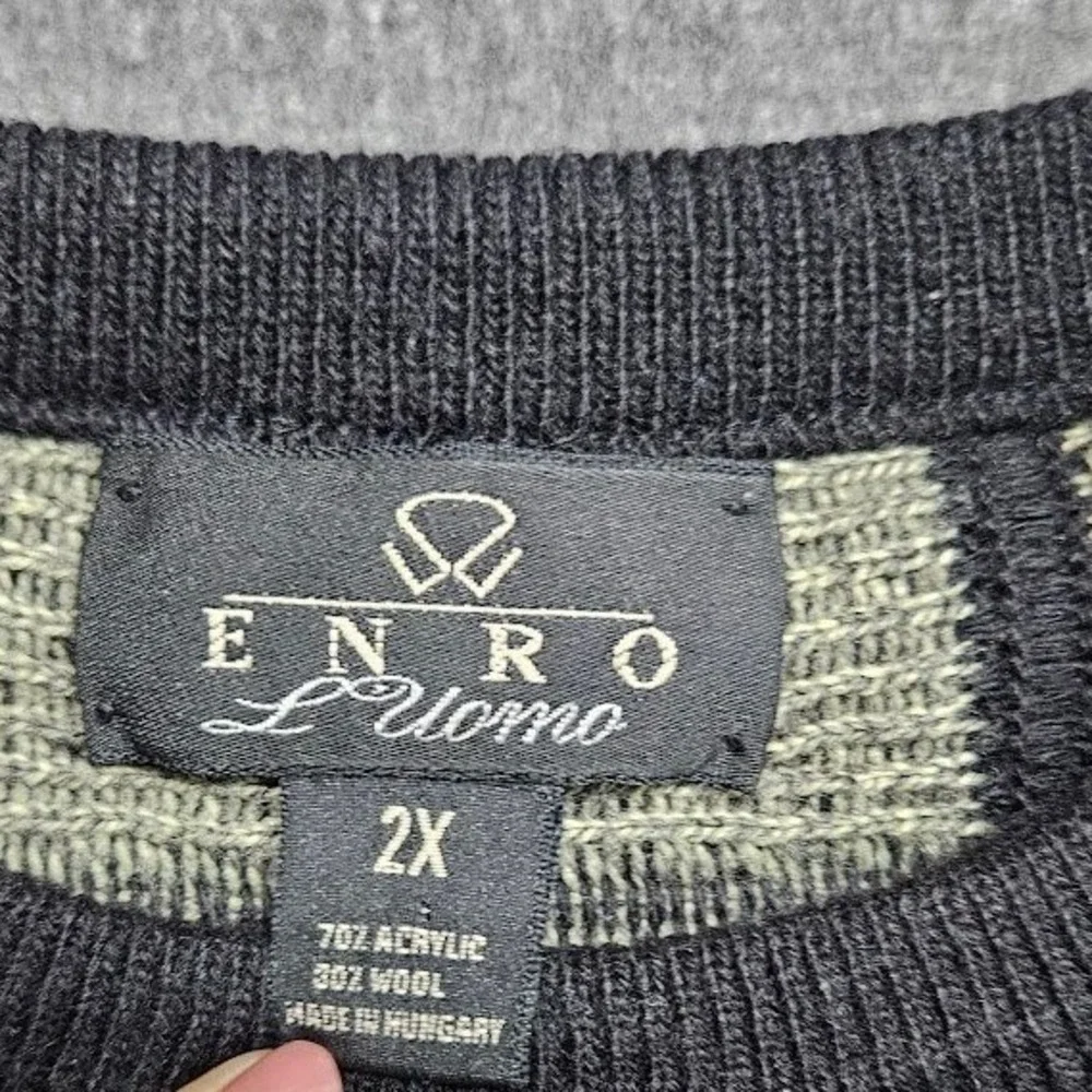 Enro Sweater Mens 2X Black Patchwork Geometric Wool Blend Crewneck Knit Vintage